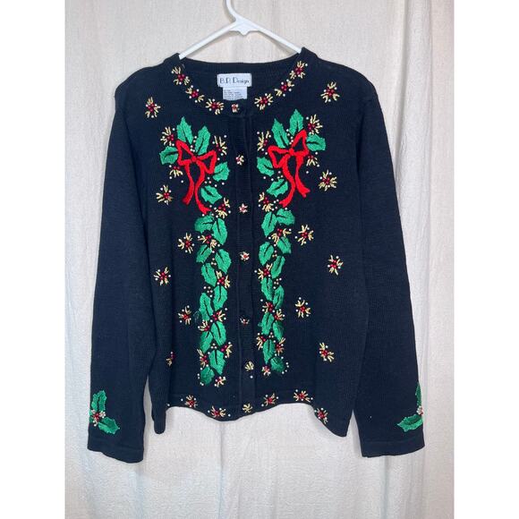 1990s BP Design Holly Gold Green Red Christmas Maximalist Bows Glam Cardigan M - Picture 1 of 8